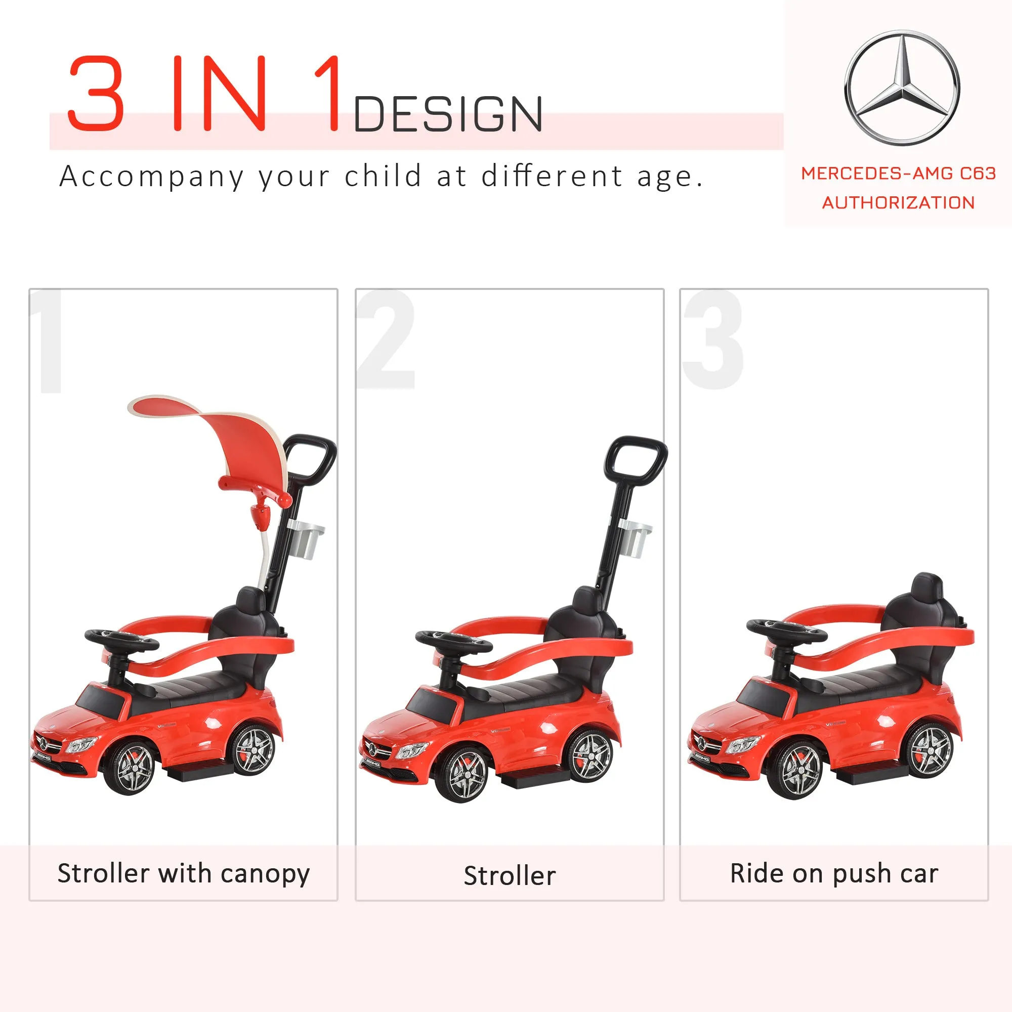 3 in 1 Ride On Push Along Car for Toddlers Stroller Sliding Car w/ Canopy 1-3 Years Old