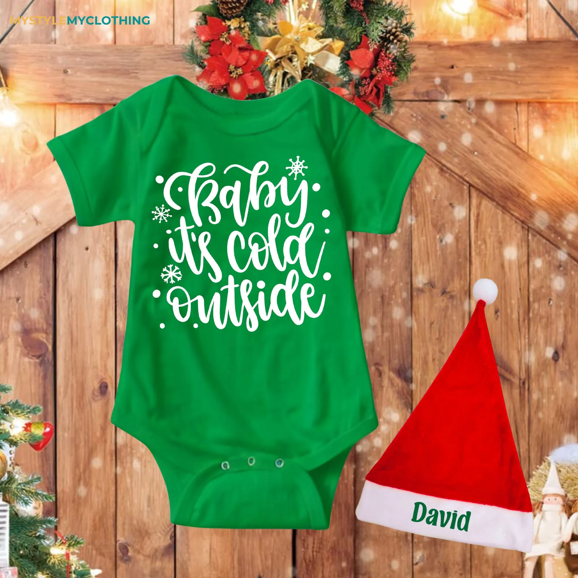 Baby Christmas Holiday Onesies with Customized Santa Hat - Its Cold Outside