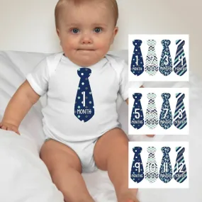 Baby Custom Monthly Onesies - Blue  Necktie Anchors