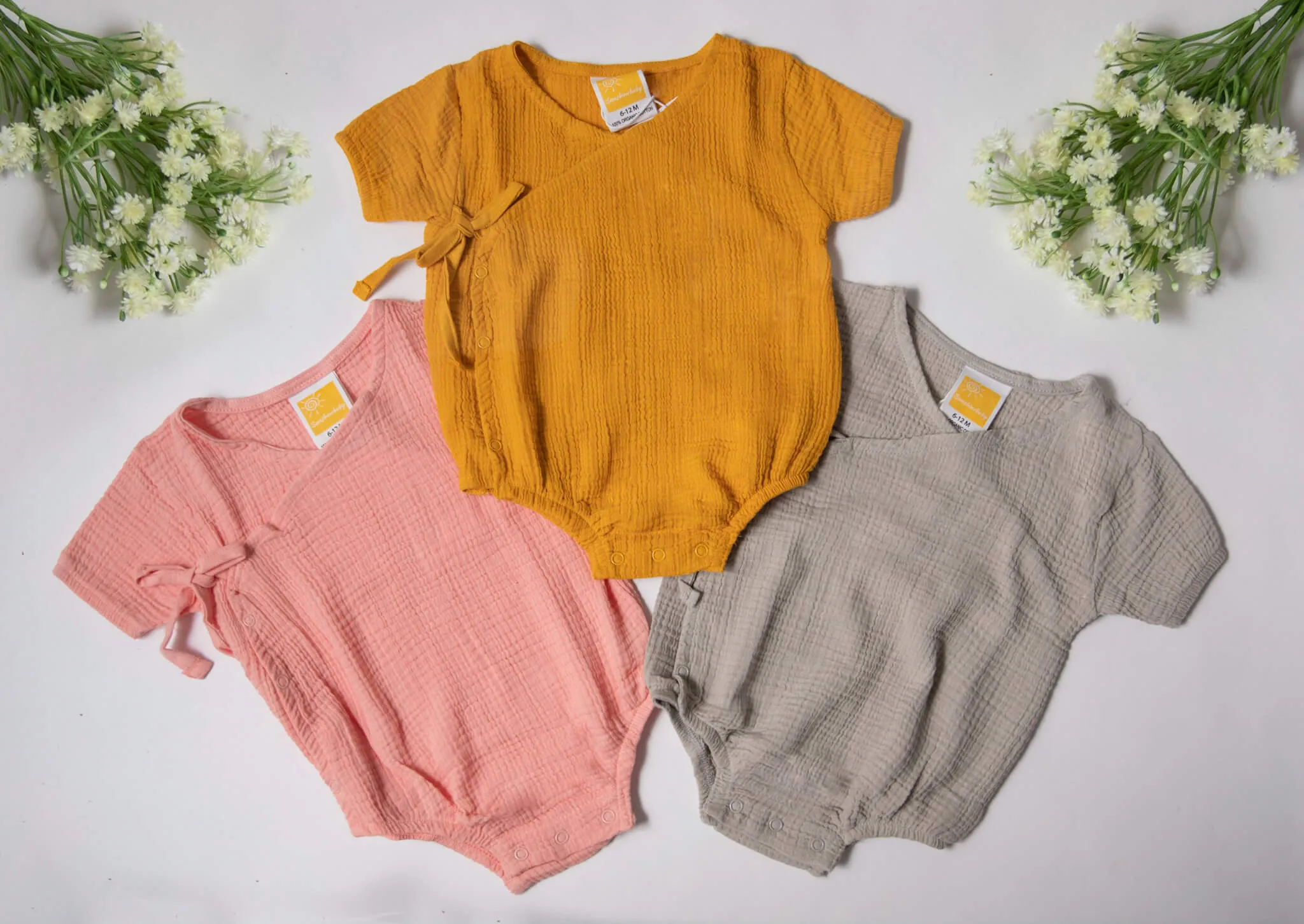 Baby/Infant Unisex Kimono Rompers in Organic Muslin Cotton