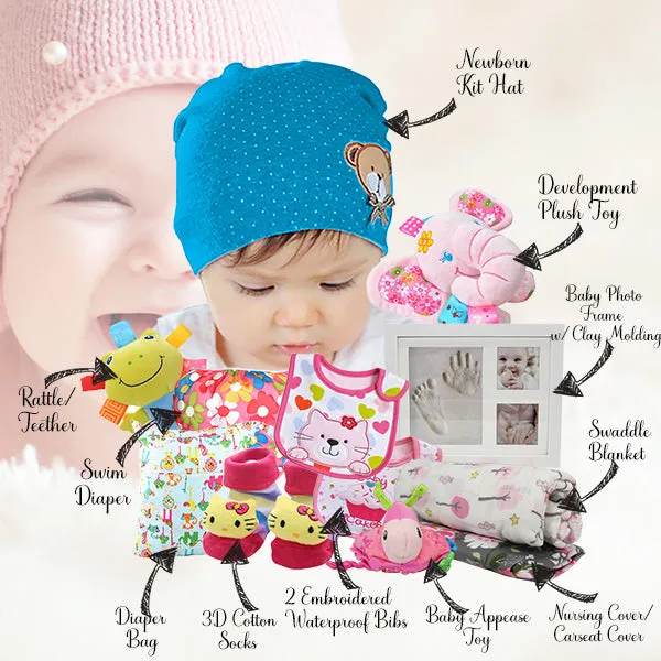 Gifts Are Blue Baby Girl Bundle Gift Set with Essentials, Toys & Accessories for 1st Year, 12 Items
