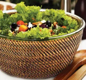 Glass salad bowl with woven rattan holder