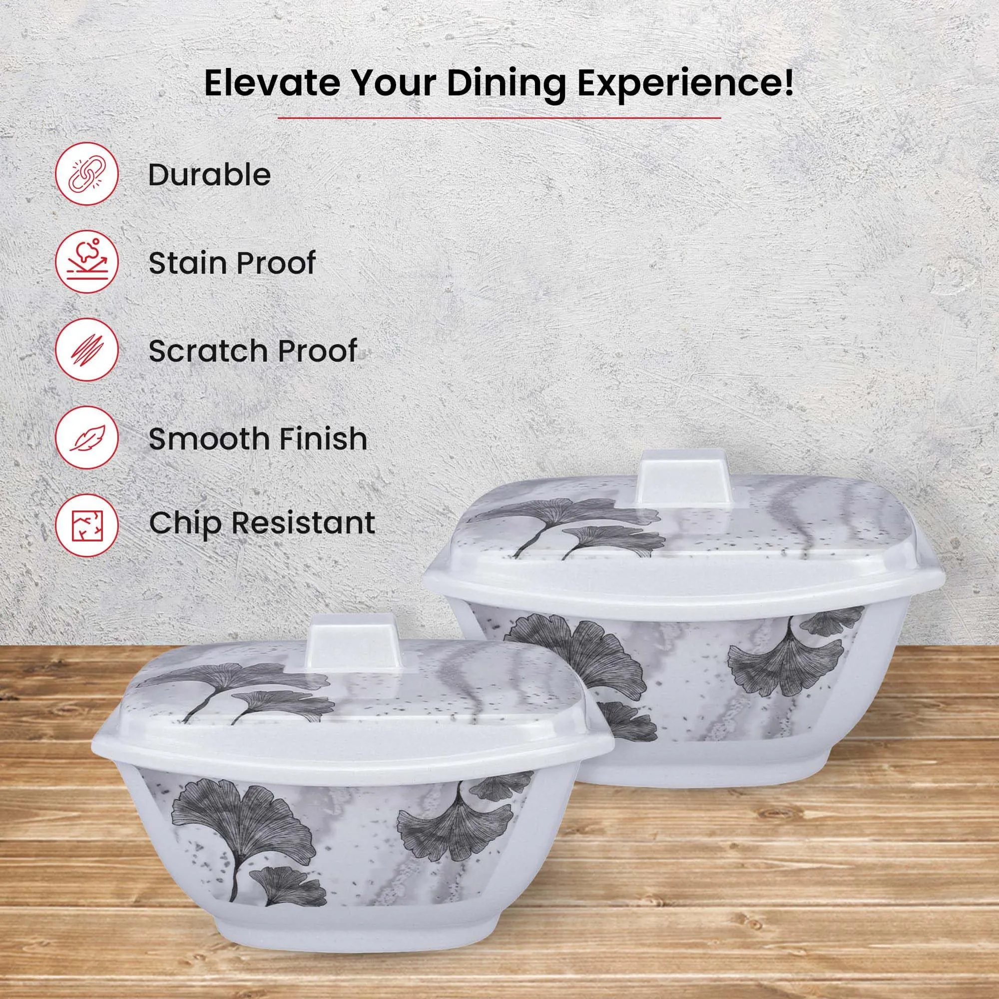 Kuber Industries Microwave Safe & BPA Free Melamine Serving Bowls with Lids Set of 2 | Heat Resistant & Unbreakable Rice Bowl for Serving, Mixing Bowls for Kitchen Utensils | Black Flower