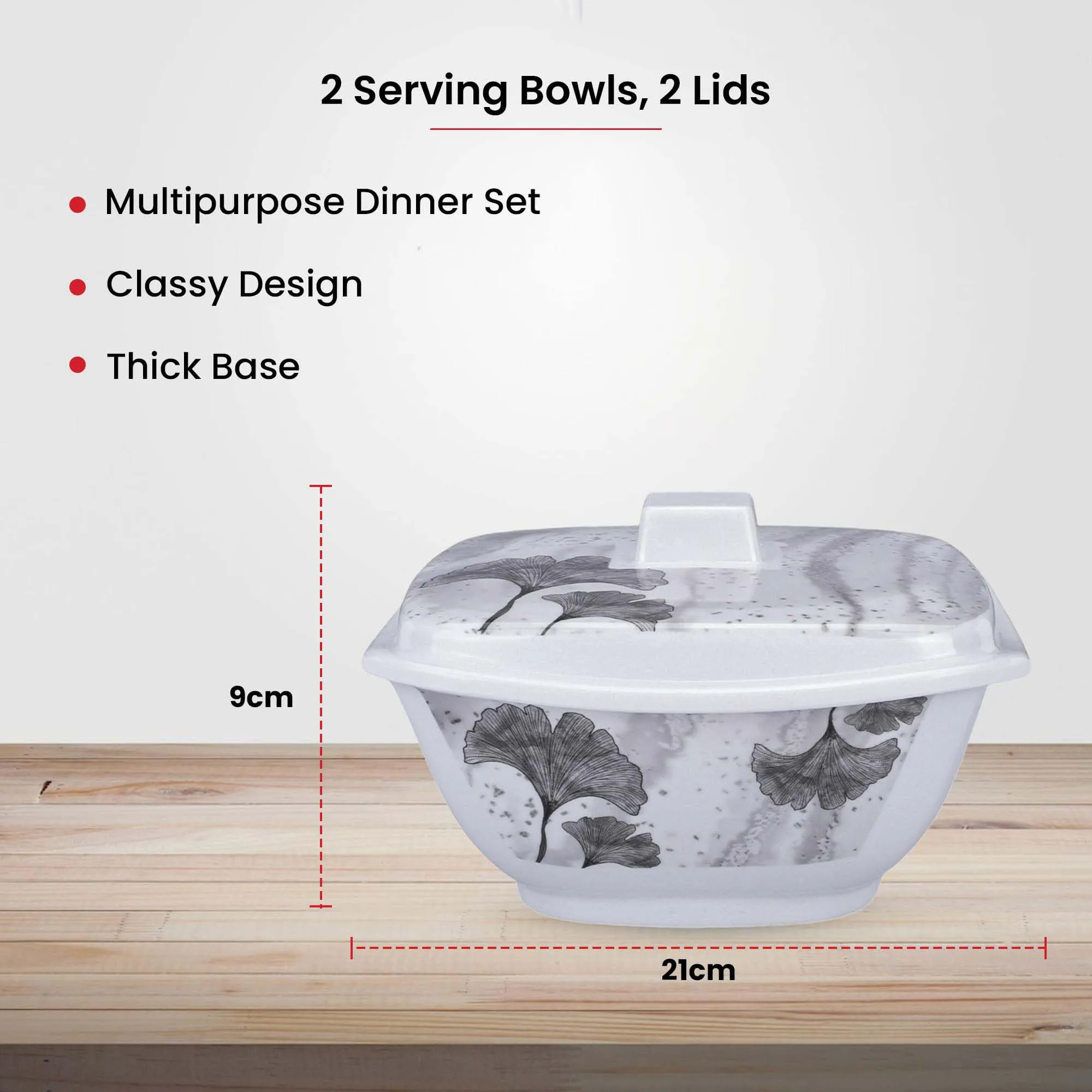 Kuber Industries Microwave Safe & BPA Free Melamine Serving Bowls with Lids Set of 2 | Heat Resistant & Unbreakable Rice Bowl for Serving, Mixing Bowls for Kitchen Utensils | Black Flower