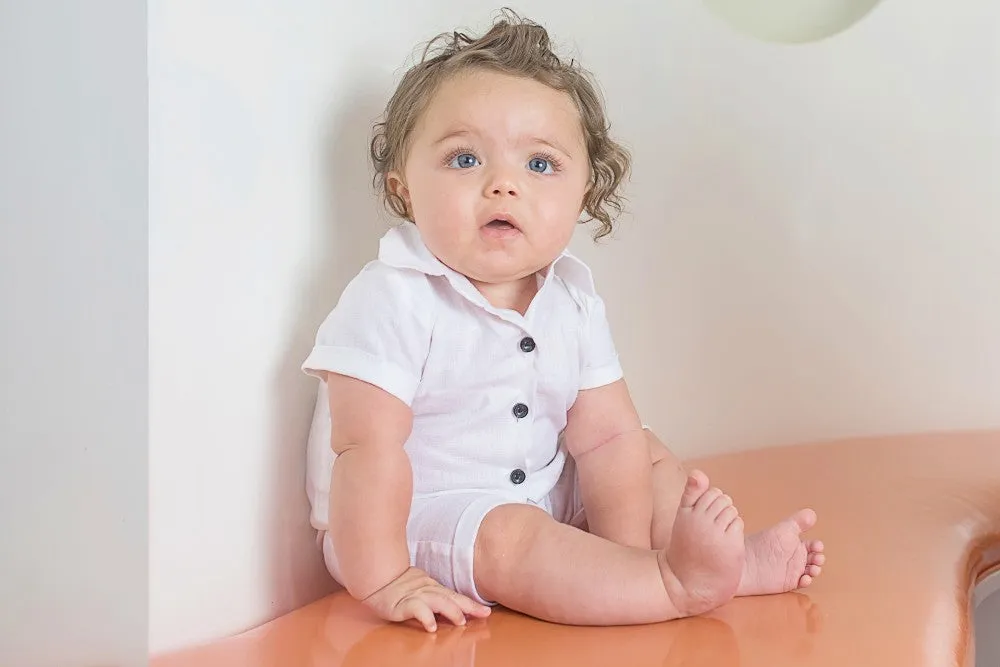 Linen Collared White Baby Boy Romper