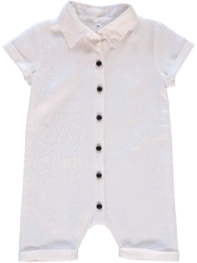 Linen Collared White Baby Boy Romper