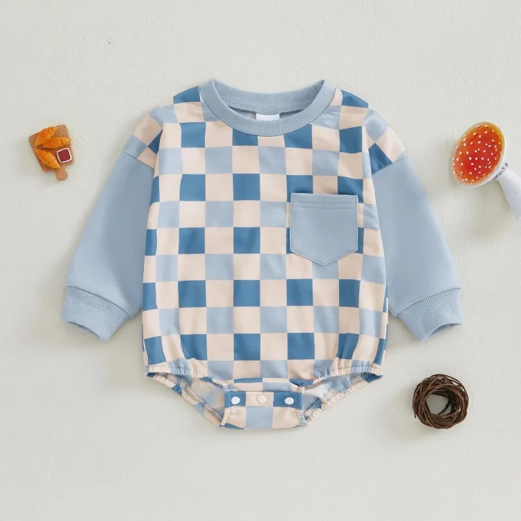 Long Sleeve Plaid Cotton Sweatshirt Bodysuit