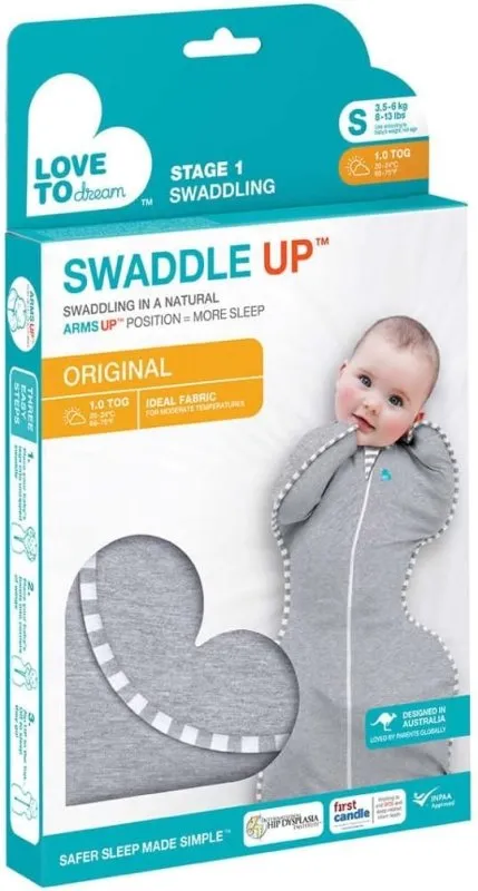 Love To Dream Swaddle Up Original, Small (3.5-6kg), Ideal Fabric for Moderate Temperatures (20-24°C), Arms Up Position, Hip-Healthy