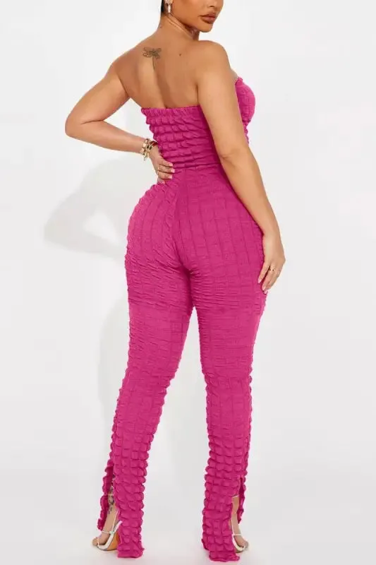 Popcorn Pattern Slit Ankle Jumpsuit