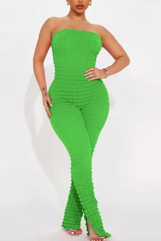 Popcorn Pattern Slit Ankle Jumpsuit