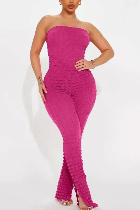 Popcorn Pattern Slit Ankle Jumpsuit