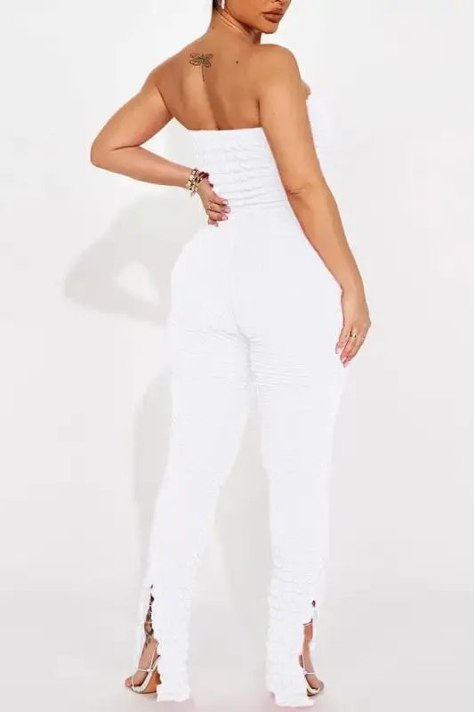 Popcorn Pattern Slit Ankle Jumpsuit