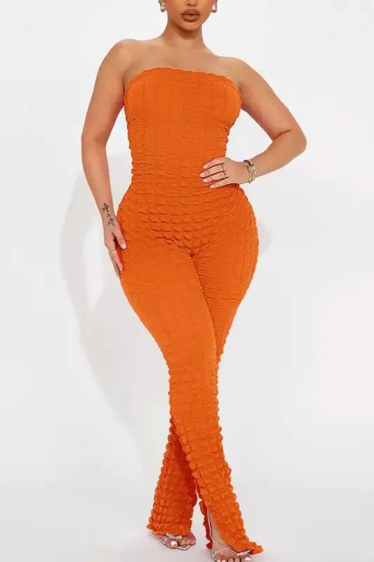 Popcorn Pattern Slit Ankle Jumpsuit