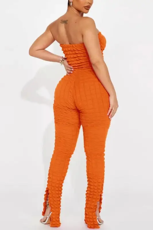 Popcorn Pattern Slit Ankle Jumpsuit
