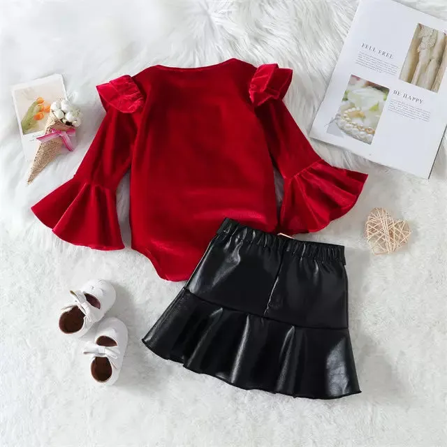 Red Flutter Sleeves Velvet Christmas Romper