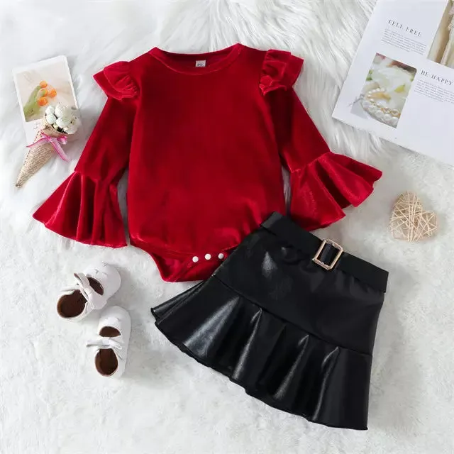 Red Flutter Sleeves Velvet Christmas Romper