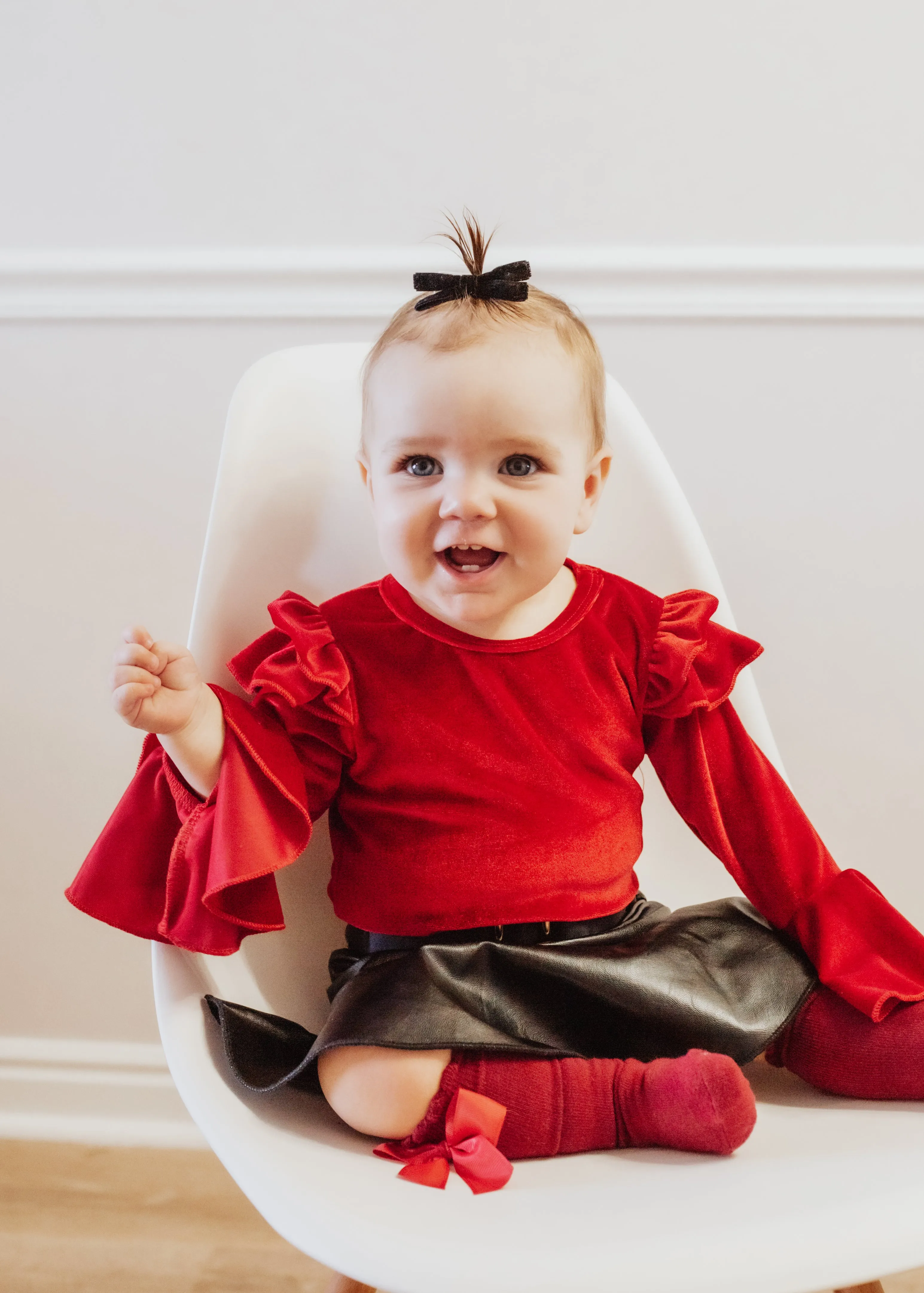 Red Flutter Sleeves Velvet Christmas Romper