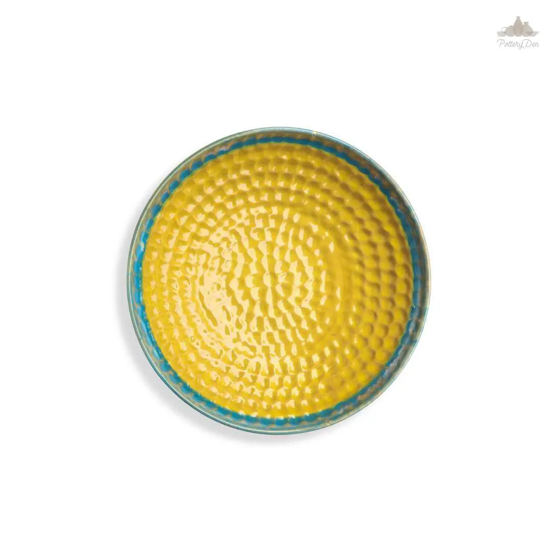 Rustic Yellow & Green Thumbprint Bowl | Height 5 cm | Diameter 24.5 cm | Hand Painted |  Set of 1 | Ceramic Pottery | Ideal for serving food items