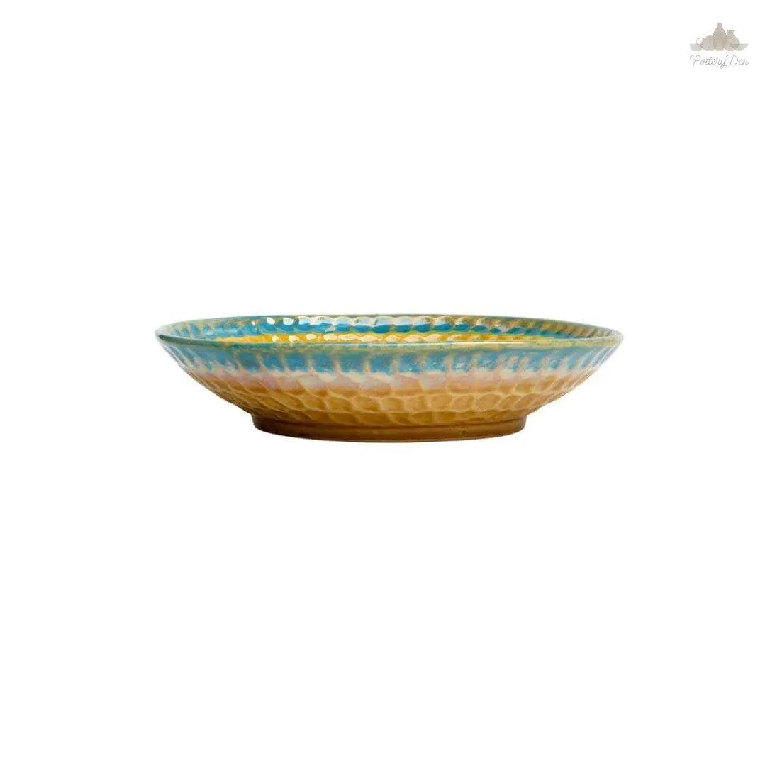Rustic Yellow & Green Thumbprint Bowl | Height 5 cm | Diameter 24.5 cm | Hand Painted |  Set of 1 | Ceramic Pottery | Ideal for serving food items