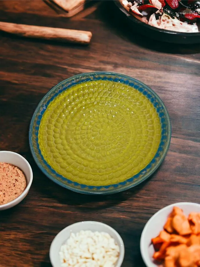 Rustic Yellow & Green Thumbprint Bowl | Height 5 cm | Diameter 24.5 cm | Hand Painted |  Set of 1 | Ceramic Pottery | Ideal for serving food items