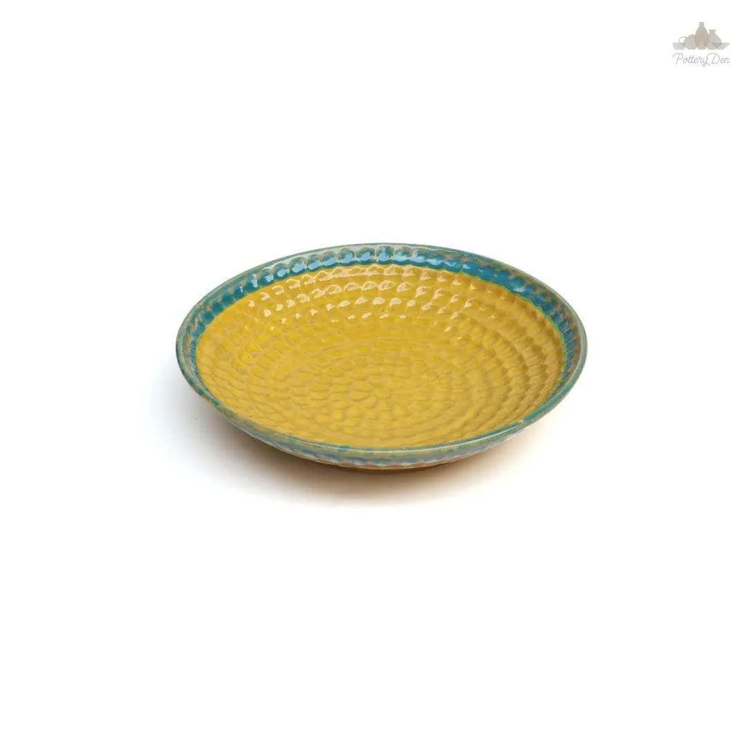 Rustic Yellow & Green Thumbprint Bowl | Height 5 cm | Diameter 24.5 cm | Hand Painted |  Set of 1 | Ceramic Pottery | Ideal for serving food items