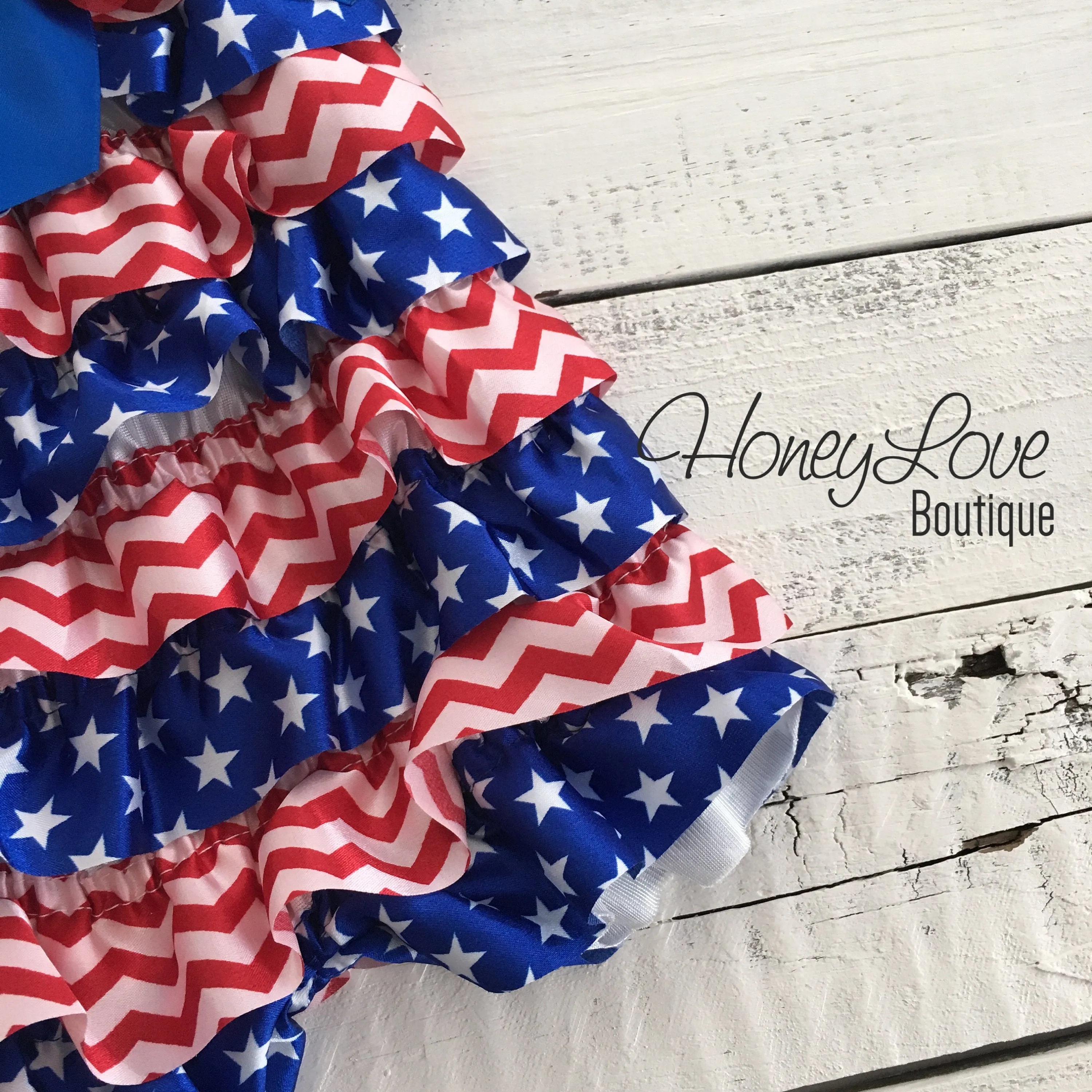 Satin & Lace Petti Romper - Patriotic, Stars - Red, White and Blue - with flower embellishment