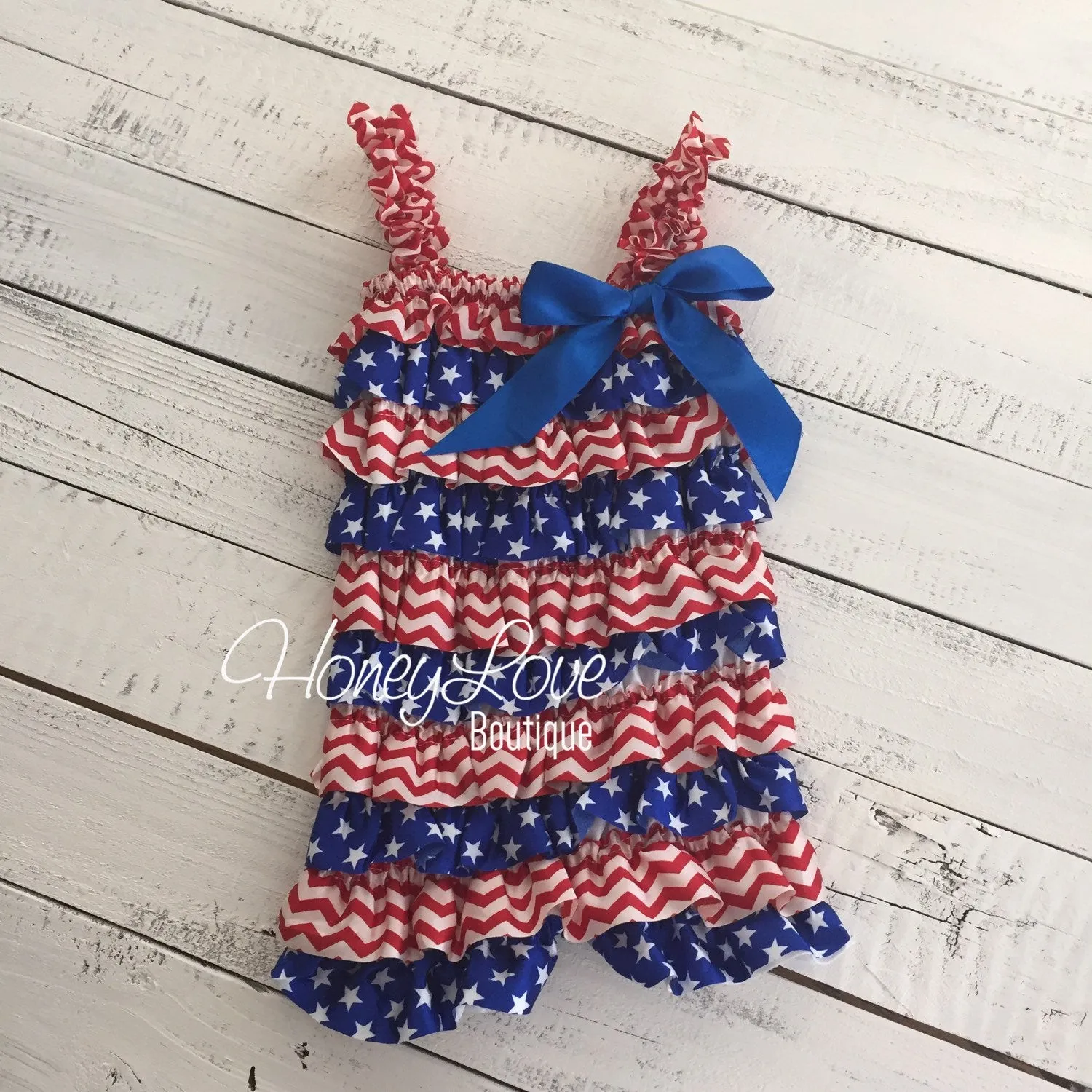 Satin & Lace Petti Romper - Patriotic, Stars - Red, White and Blue - with flower embellishment