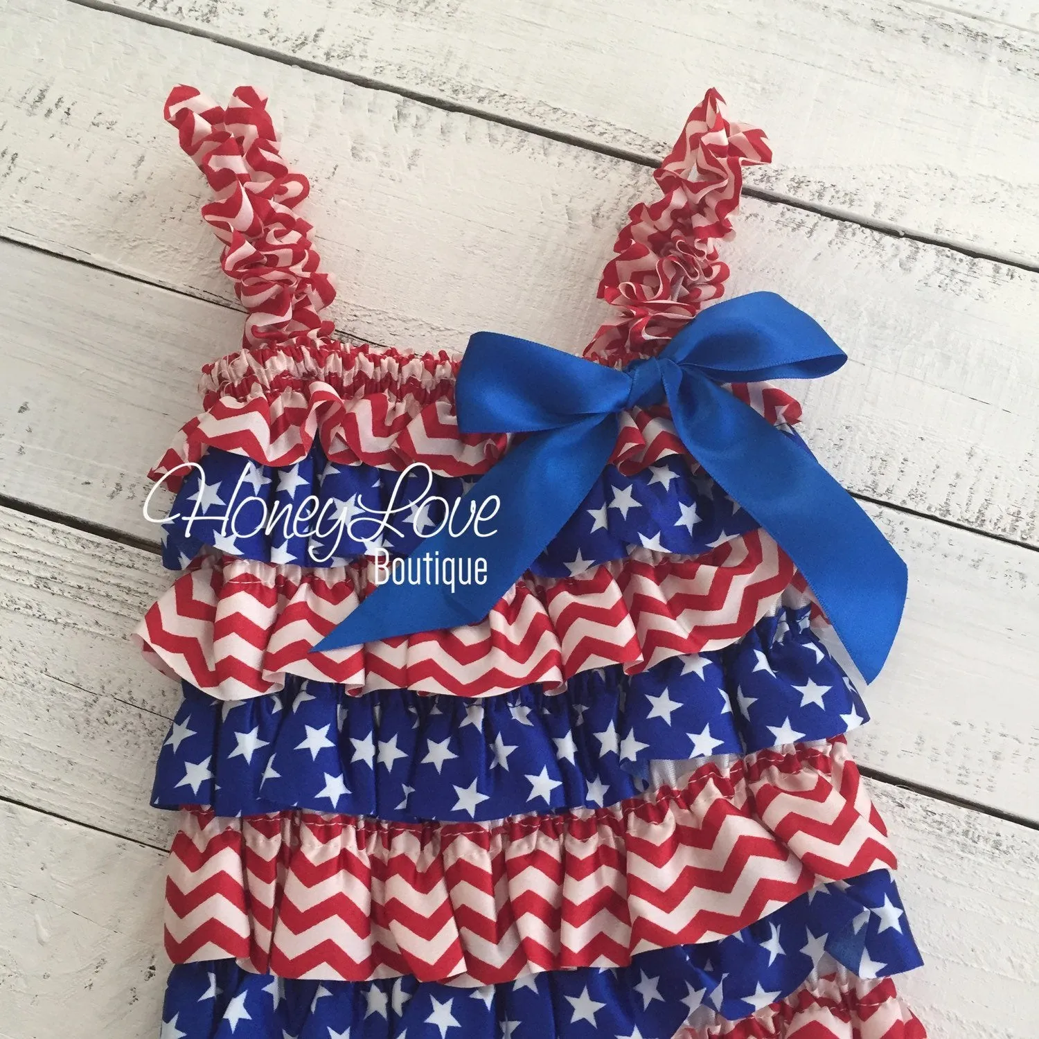 Satin & Lace Petti Romper - Patriotic, Stars - Red, White and Blue - with flower embellishment