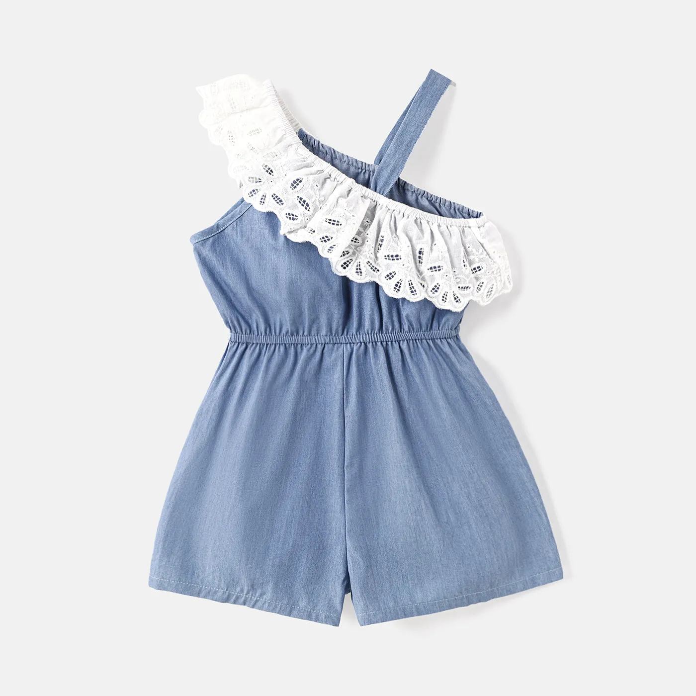Toddler Girl 100% Cotton Lace Flounce Sleeveless Denim Rompers Jumpsuits