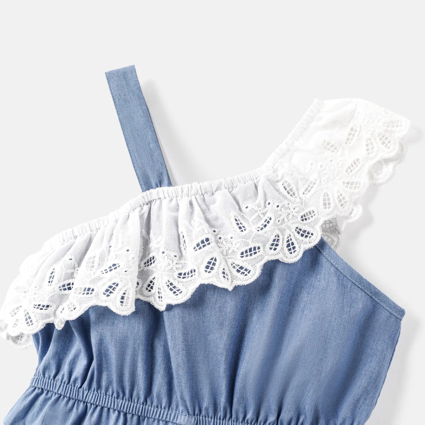 Toddler Girl 100% Cotton Lace Flounce Sleeveless Denim Rompers Jumpsuits